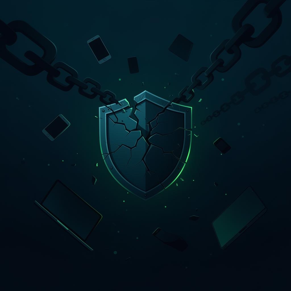Broken shield surrounded by scattered devices, representing the broken asset economy
